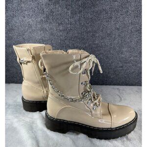 Unionbay womens size 7.5 kailee Combat chunky boots  patent leather Zip up Beige